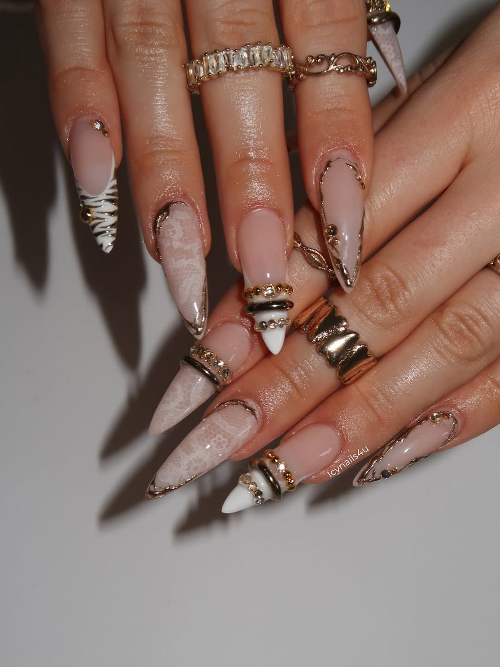 White Lace & Gold Coquette Press On Nails by Icy Nails 4u | Luxury Bridal Stiletto | OB02LU