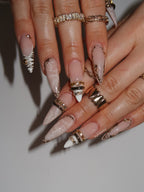 White Lace & Gold Coquette Press On Nails by Icy Nails 4u | Luxury Bridal Stiletto | OB02LU