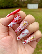 Glitter Diamond Snow in Red Christmas Press on Nails - Handmade Fingernails N81