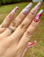 Glitter Diamond Snow in Red Christmas Press on Nails - Handmade Fingernails N81