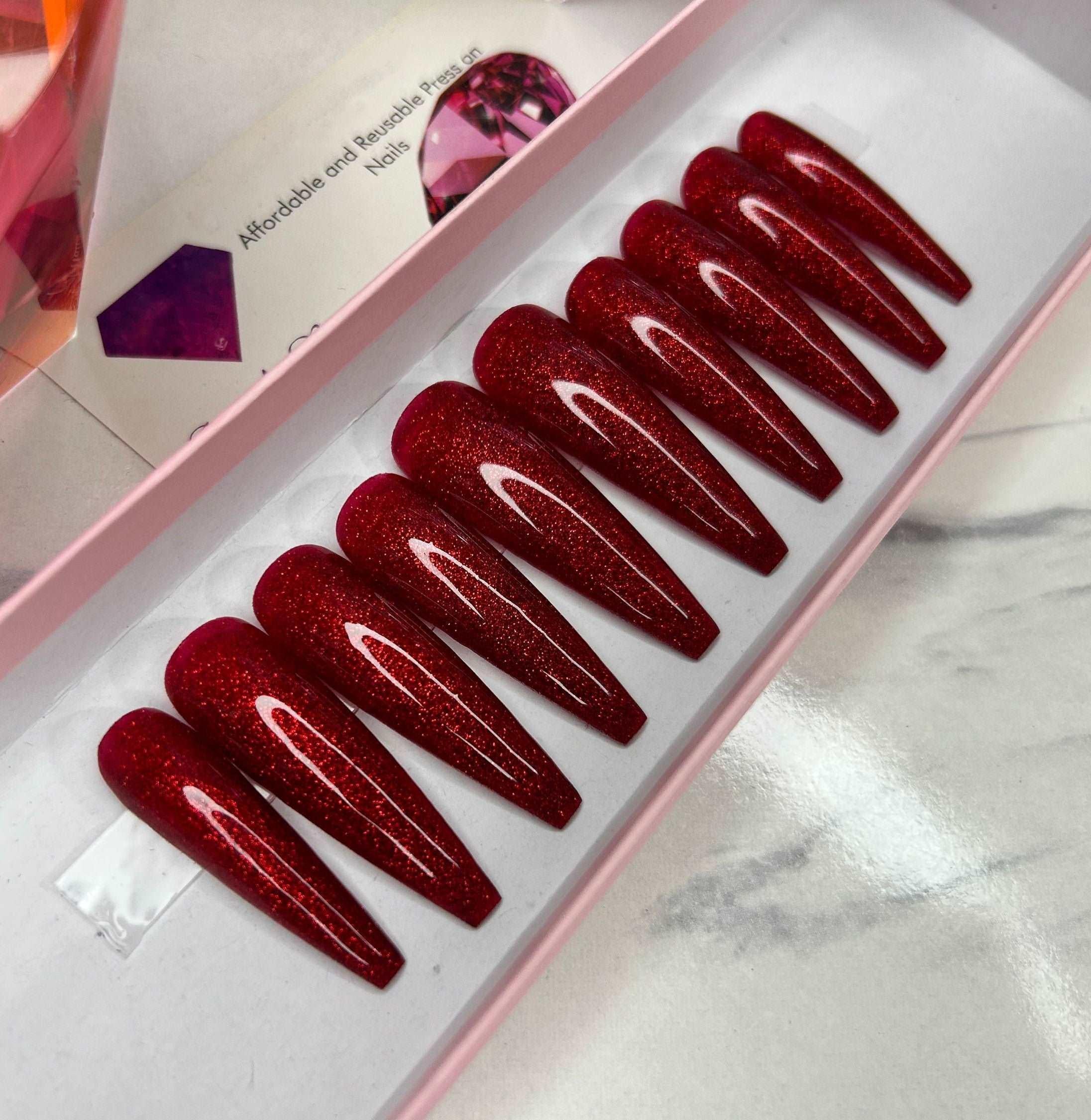 Glossy Glittery Bright Red Nails - Custom Handmade Gel Fake Nails T22