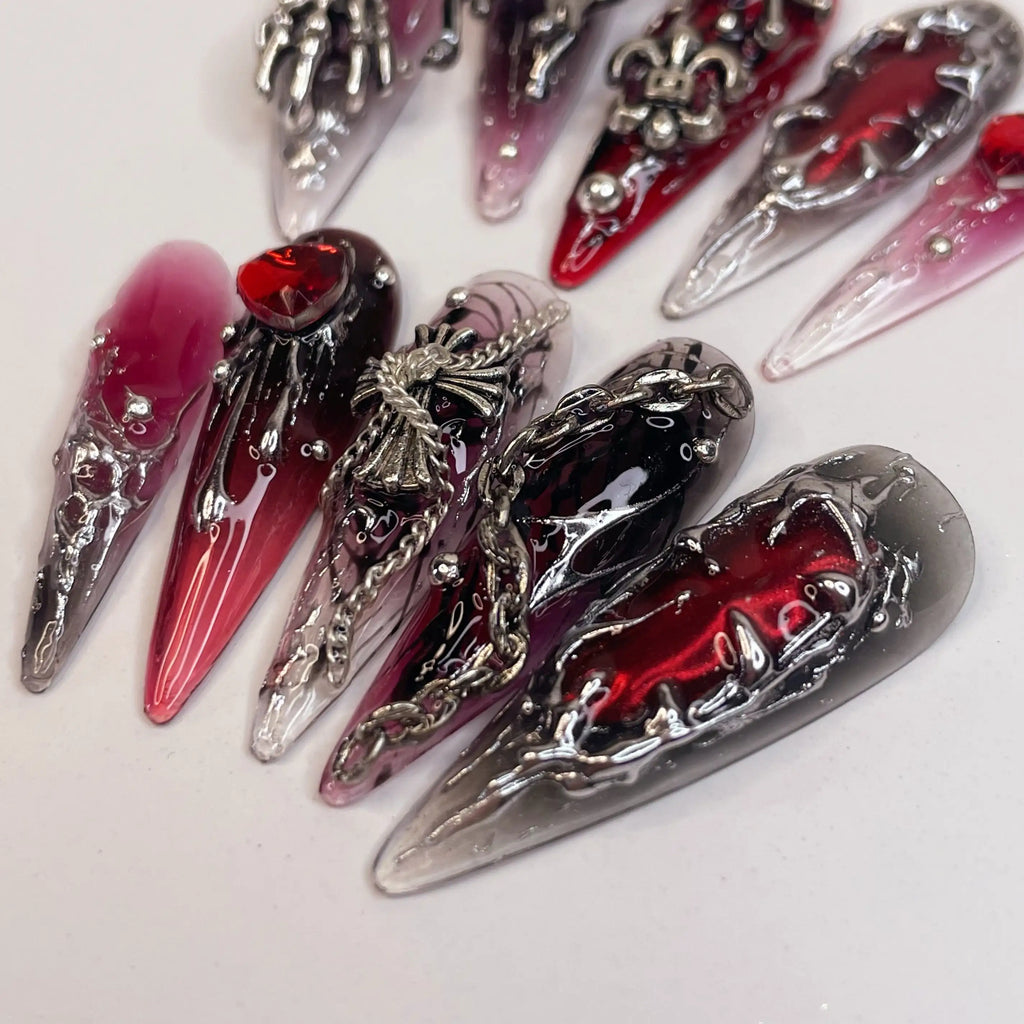 Gothic Cross Silver Charms Halloween Press on Nails - Red & Black Fingernails Q03