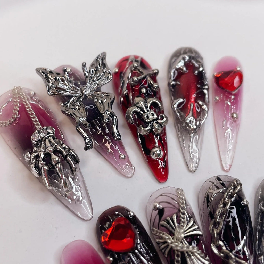 Gothic Cross Silver Charms Halloween Press on Nails - Red & Black Fingernails Q03