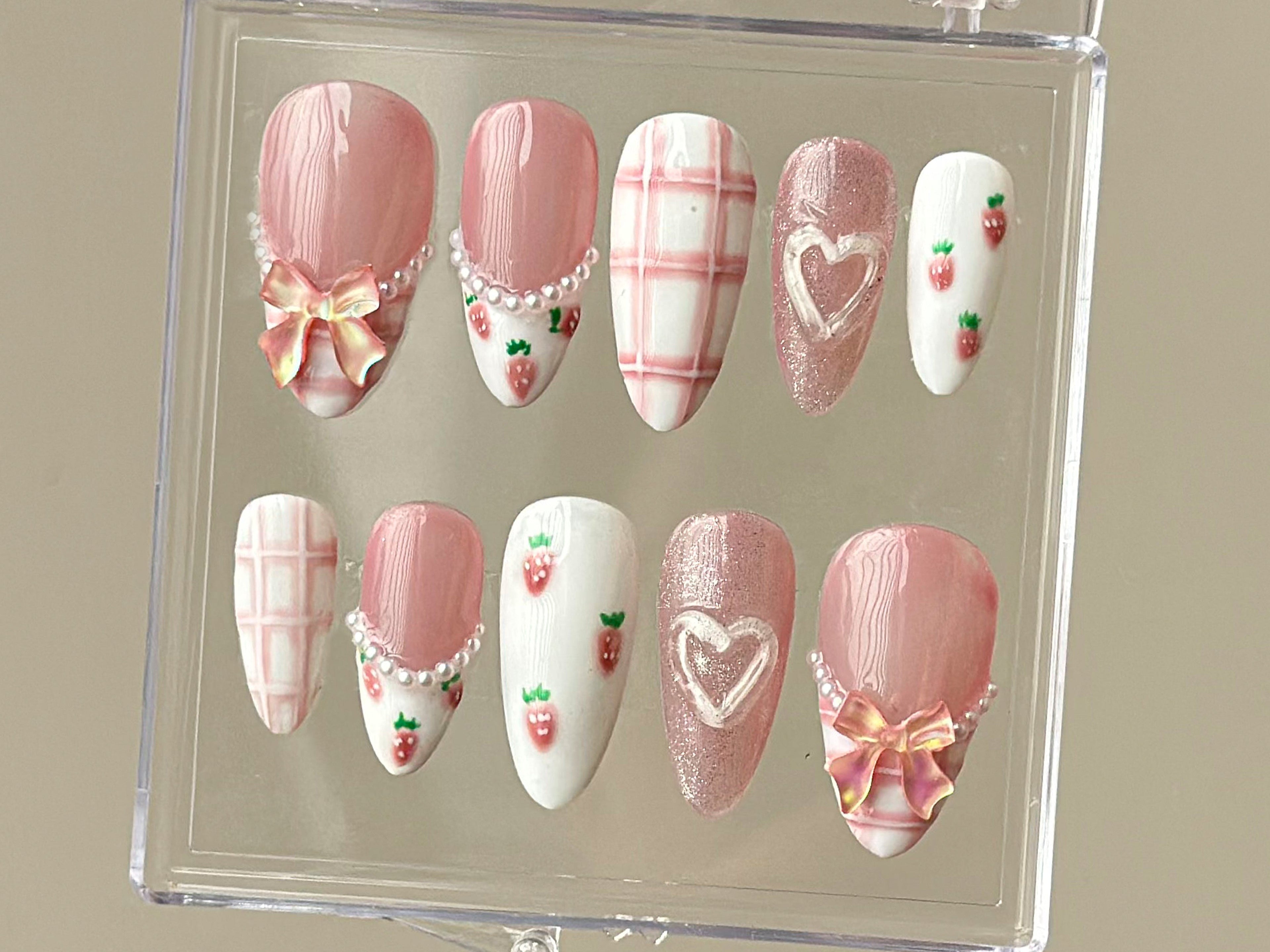 Strawberry Plaid Pink Press On Nails | OBPNK