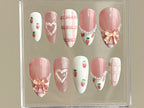 Dreamy Pink Press On Nails | Nail Set With Strawberry Design | Cute Bow and Heart Nail Art | Adorable 3D Raised Art |mother day gift| OB167T
