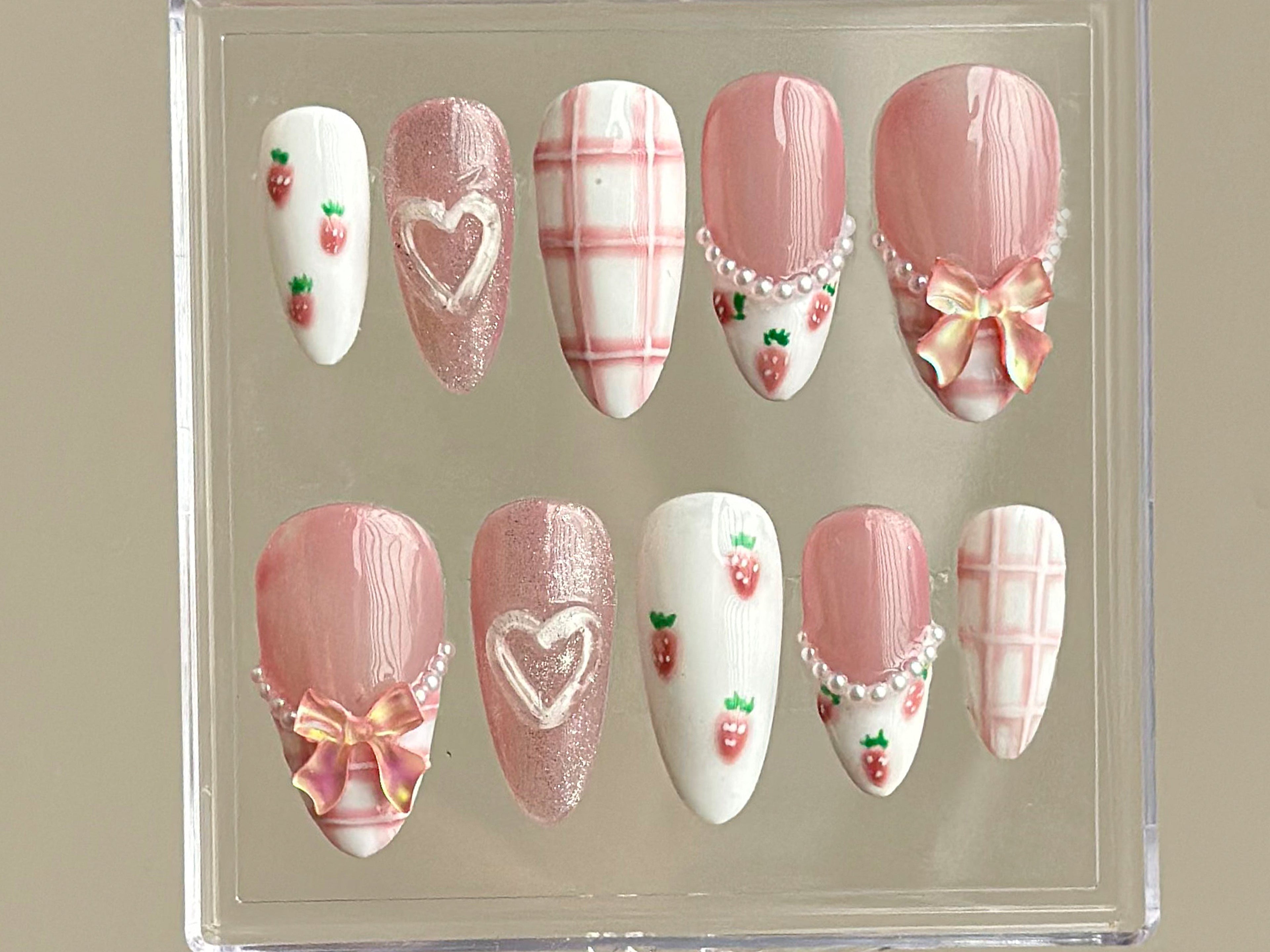 Strawberry Plaid Pink Press On Nails | OBPNK