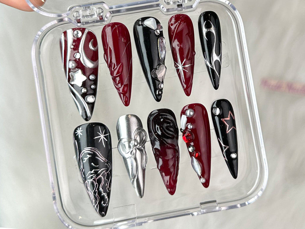Luxury Black 3D Press On Nails | Red Press On Nails Unique Design | Nail Art | Y2k Nails | Acrylic Nails. Nails press on | Gift for her |OC23T