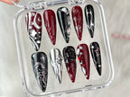 Luxury Black 3D Press On Nails | Red Press On Nails Unique Design | Nail Art | Y2k Nails | Acrylic Nails. Nails press on | Gift for her |OC23T