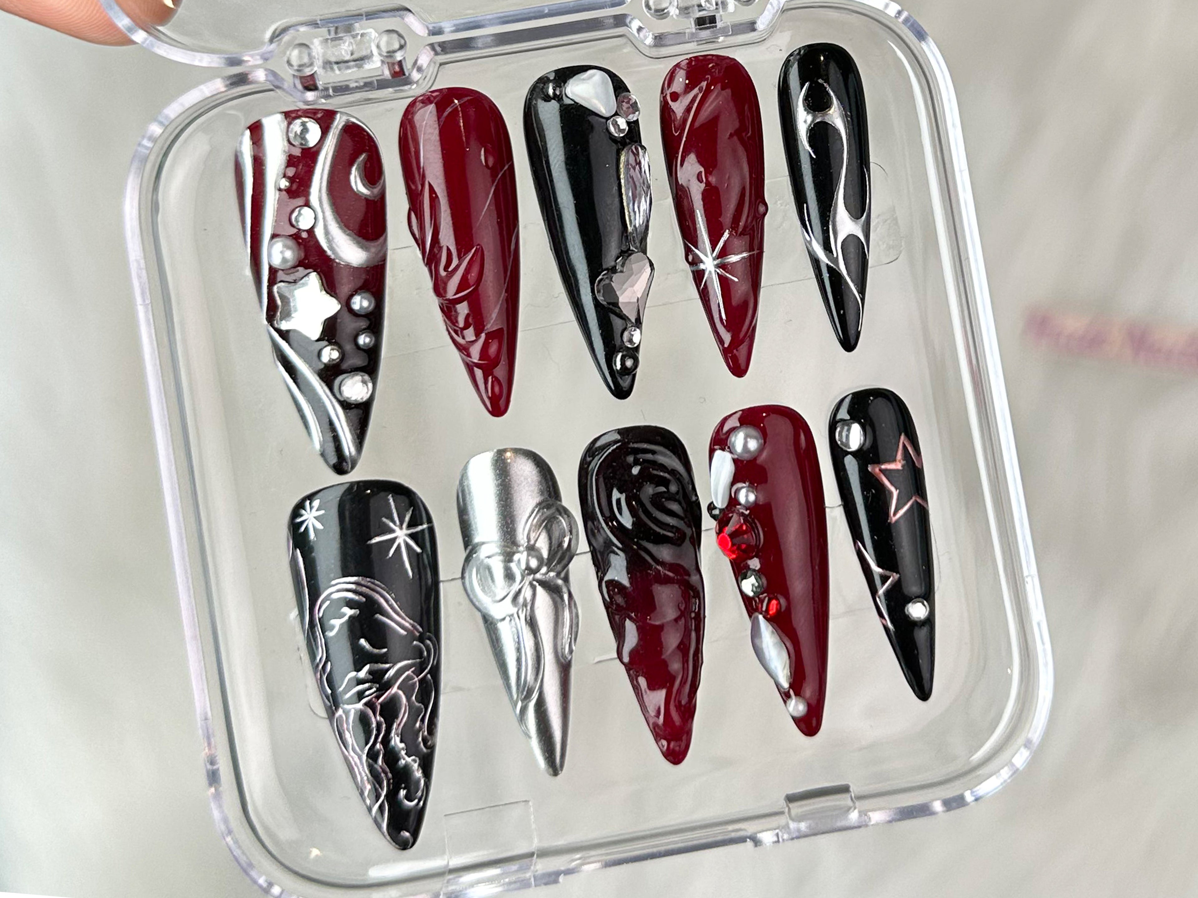 Luxury Black 3D Press On Nails | Red Press On Nails Unique Design | Nail Art | Y2k Nails | Acrylic Nails. Nails press on | Gift for her |OC23T