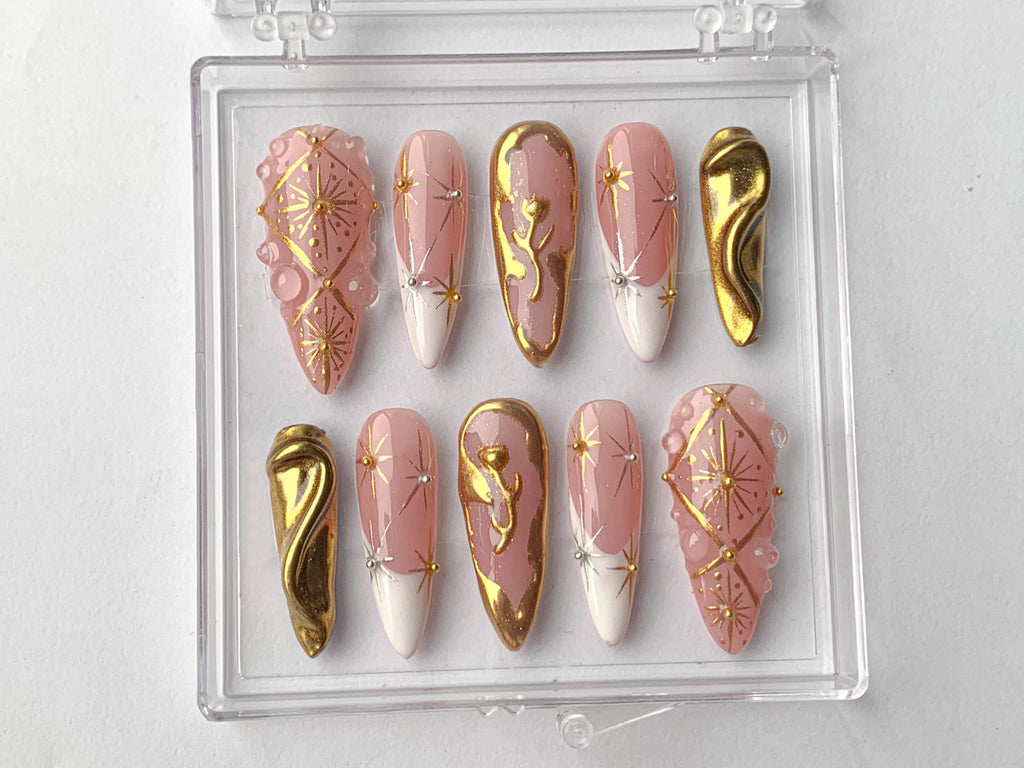 Luxury Gold Swirl Press On Nails | Elegant Gold-Infused Nail Art | Modern Pink Press On Nails with Gold Detailing On Fake Nails | OC290T