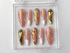 Luxury Gold Swirl Press On Nails | Elegant Gold-Infused Nail Art | Modern Pink Press On Nails with Gold Detailing On Fake Nails | OC290T