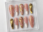 Luxury Gold Swirl Press On Nails | Elegant Gold-Infused Nail Art | Modern Pink Press On Nails with Gold Detailing On Fake Nails | OC290T