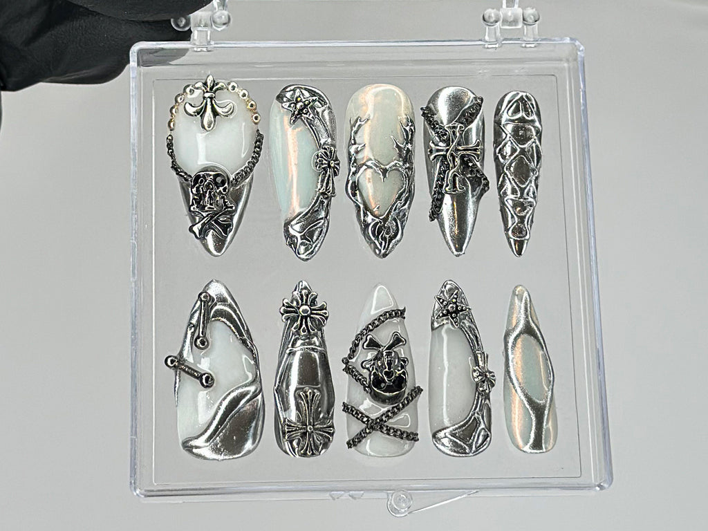 Luxury Gothic Press On Nails | Unique Skull and Chain Fake Nails | Custom Silver Nail Art | Gothic Nails | press ons | Y2k Nails | OC402TL
