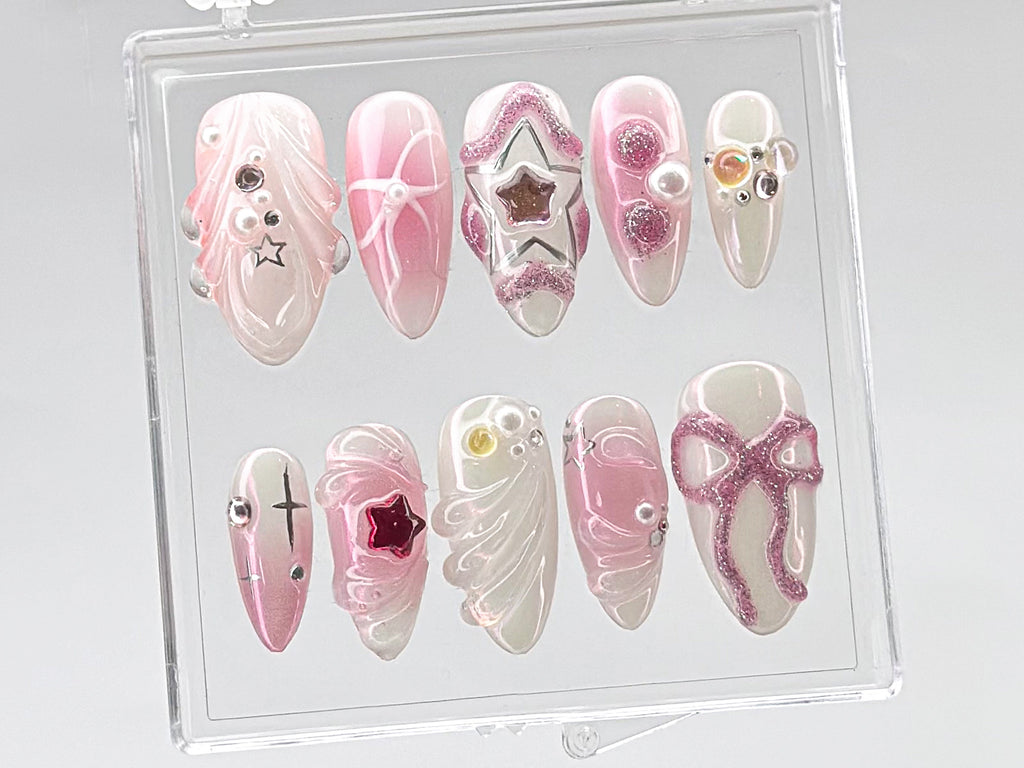 Glamorous Pink Press On Nails | Charming Pink Bow On Fake Nails | Nail Charms | Elegant Star Charms Y2k Nails | Pink press on nails |OB444T