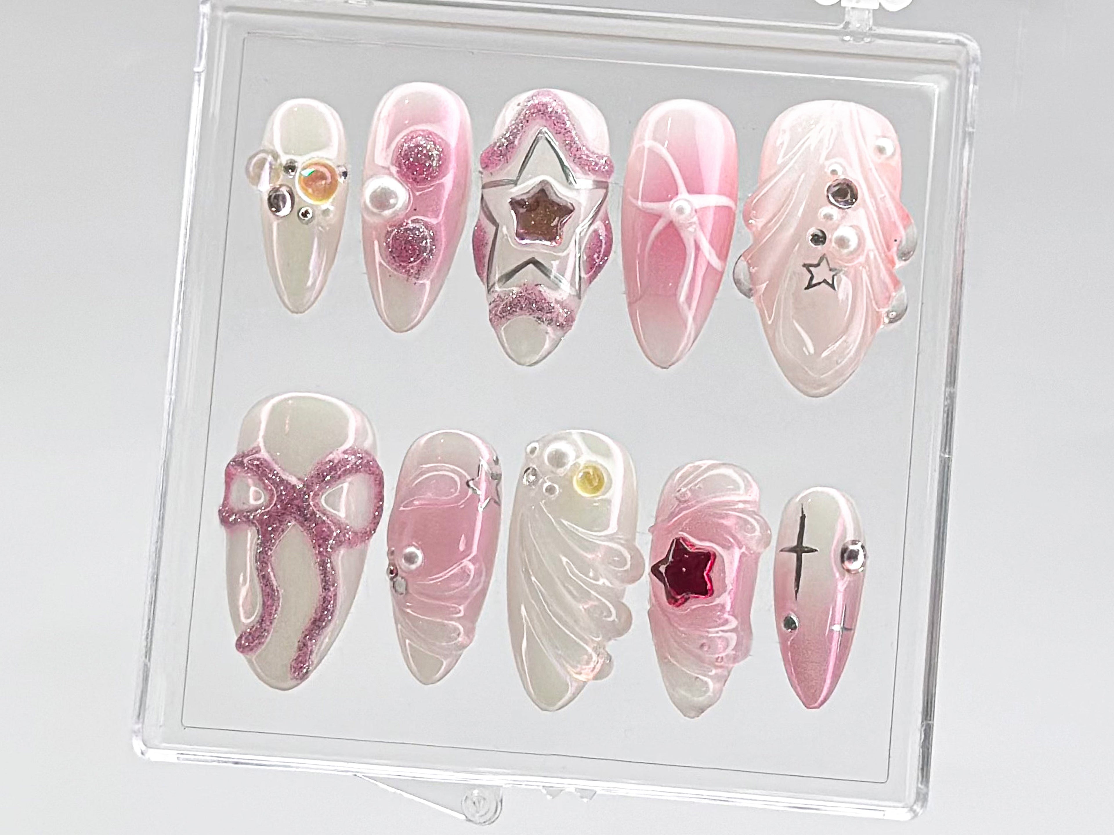 Glamorous Pink Press On Nails | Charming Pink Bow On Fake Nails | Nail Charms | Elegant Star Charms Y2k Nails | Pink press on nails |OB444T