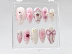Glamorous Pink Press On Nails | Charming Pink Bow On Fake Nails | Nail Charms | Elegant Star Charms Y2k Nails | Pink press on nails |OB444T