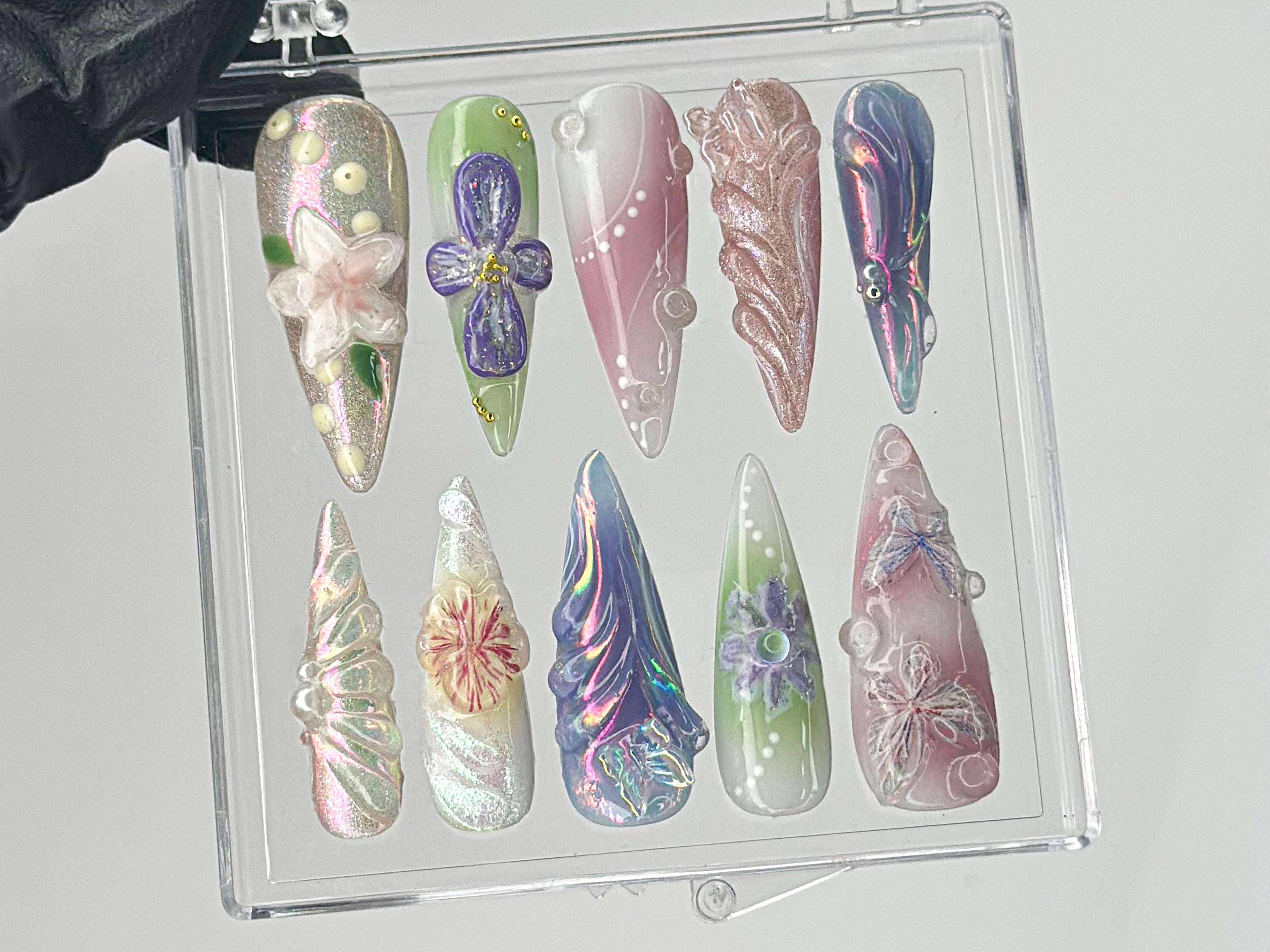 Artistic Florals Press On Nails | Long Stiletto Nail Art with 3D Flowers | Custom 3D Butterfly Nail Art | Nail Charms | Press Ons | OB455TH