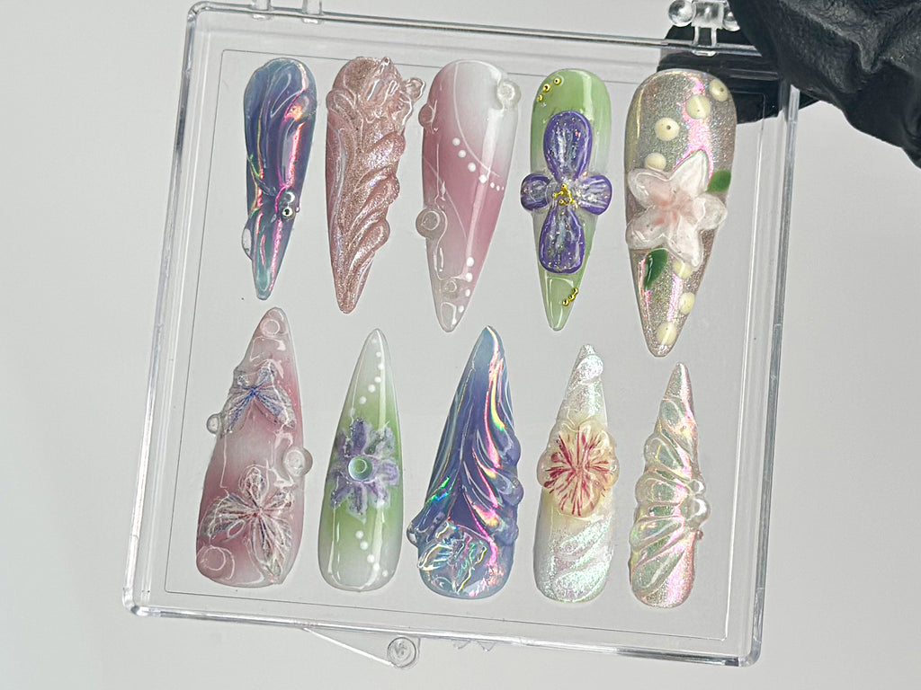 Artistic Florals Press On Nails | Long Stiletto Nail Art with 3D Flowers | Custom 3D Butterfly Nail Art | Nail Charms | Press Ons | OB455TH