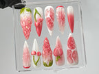 Pink Fruit Press On Nails | Nail Set With Strawberry On Fake nails| Free Style Summer Fruit Nail Art | Nail Charms |Pink press ons | OB513TK
