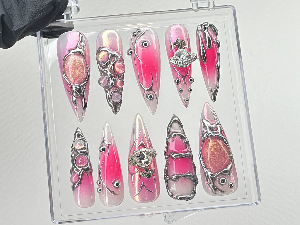 Y2k Pink Press On Nails | Custom Design Nail Art. Fake Nails for Birthday | Ombre Pink Nail Art | Nail Charms | Pink press ons | OB534TL