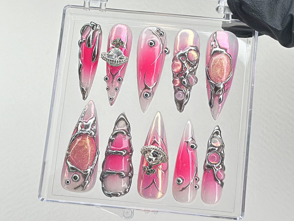 Y2k Pink Press On Nails | Custom Design Nail Art. Fake Nails for Birthday | Ombre Pink Nail Art | Nail Charms | Pink press ons | OB534TL