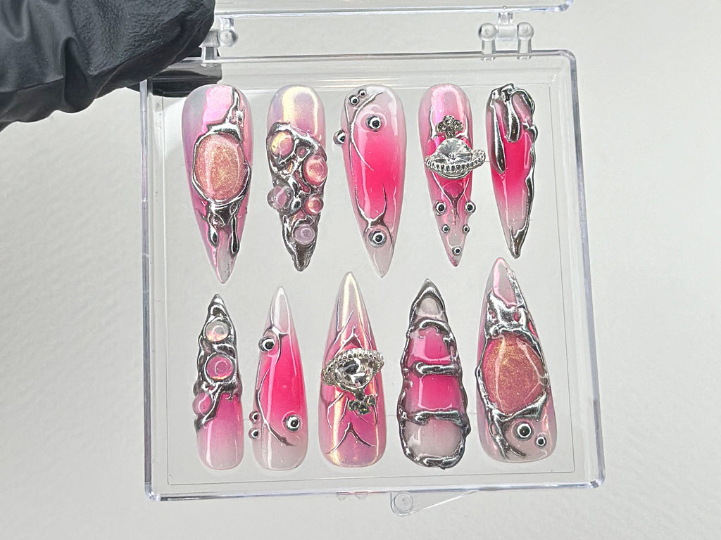 Y2k Pink Press On Nails | Custom Design Nail Art. Fake Nails for Birthday | Ombre Pink Nail Art | Nail Charms | Pink press ons | OB534TL