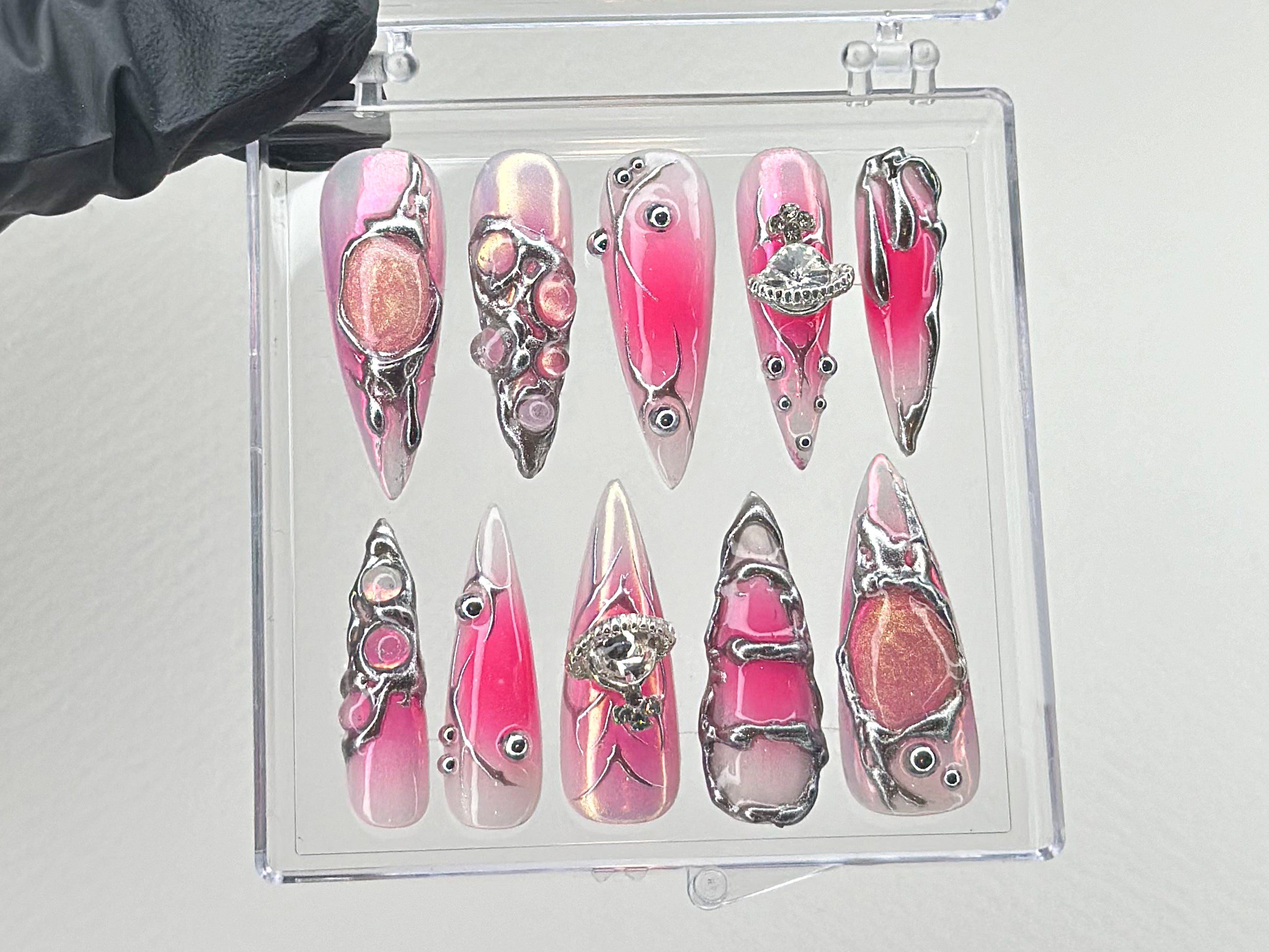 Y2k Pink Press On Nails | Custom Design Nail Art. Fake Nails for Birthday | Ombre Pink Nail Art | Nail Charms | Pink press ons | OB534TL
