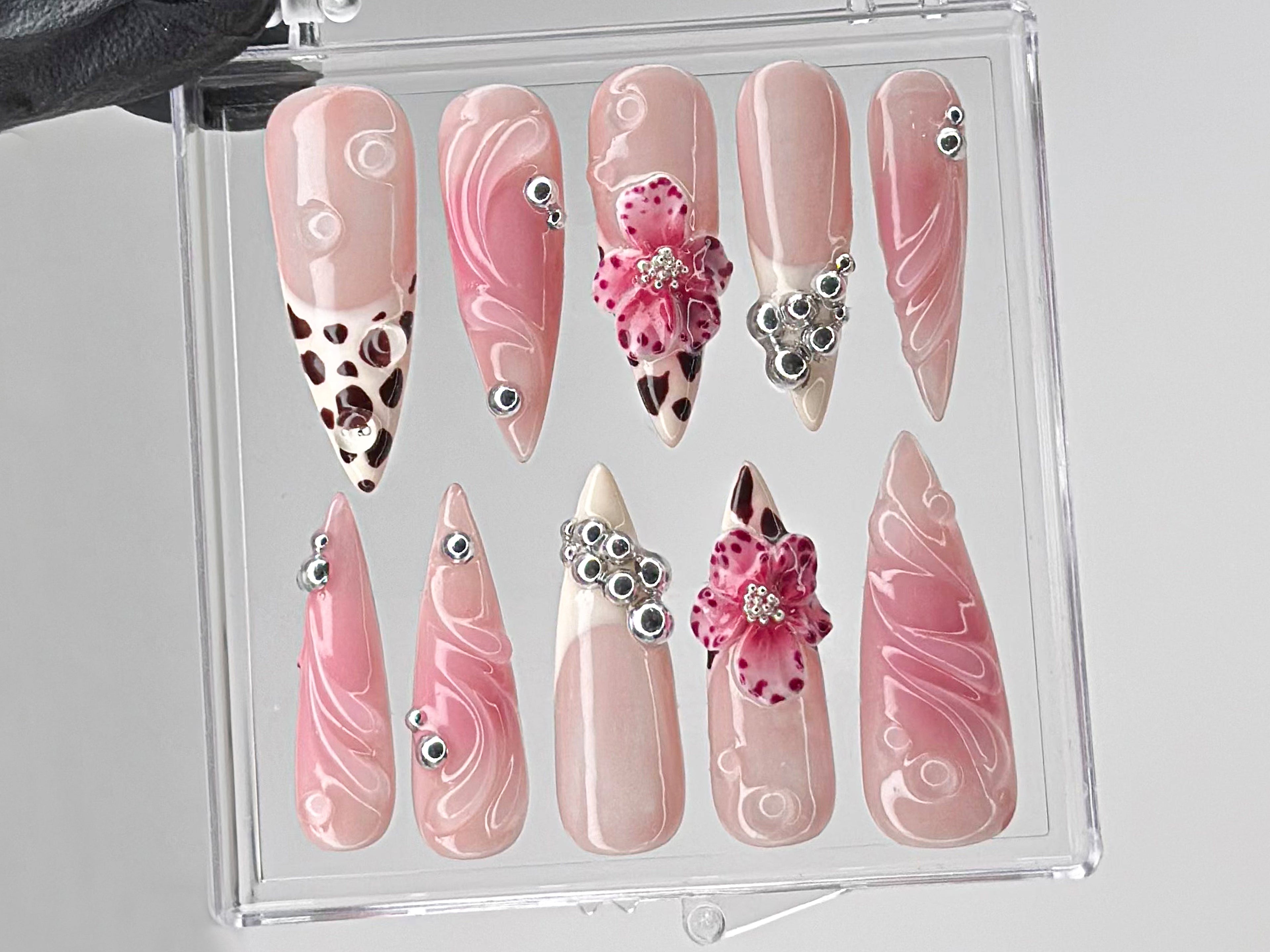 Leopard French tips Press On Nails | 3D Flowers with Rhinestones Acrylic Nails | Stunning Floral Nails Press On | Pink Press Ons | OB544TL