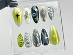 Galaxy Star Press On Nails | 3D Hand-Painted Green & Black Nail Art | Y2K Style Nails | Silver Chrome on Fake Nails | Gift for her | OC553T