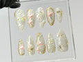 Elegant Lotus Flower Press On Nails | Chic White & Gold On Fake Nails | 3D Floral Acrylic Nails | Butterfly charm nails press on | OC559TL