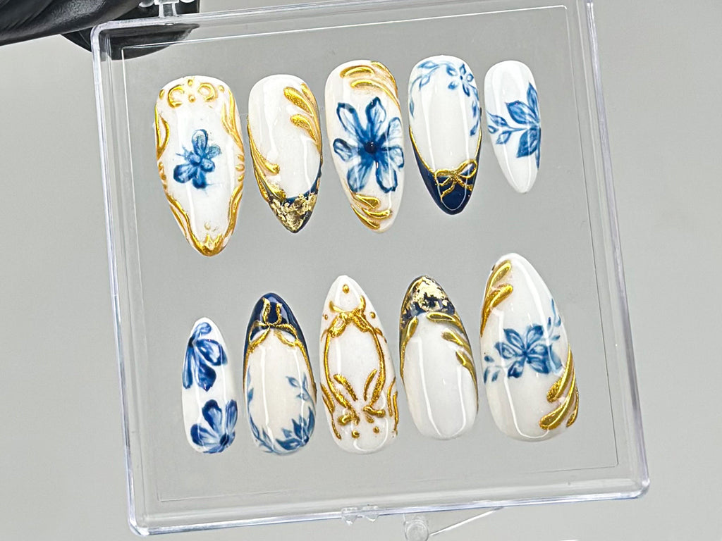 Sophisticated Blue Floral Press On Nails | Chic White & Gold On Fake Nails | Edgy Chrome Nails. Holiday Nails | nails press on | OC560TV