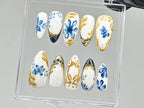 Sophisticated Blue Floral Press On Nails | Chic White & Gold On Fake Nails | Edgy Chrome Nails. Holiday Nails | nails press on | OC560TV