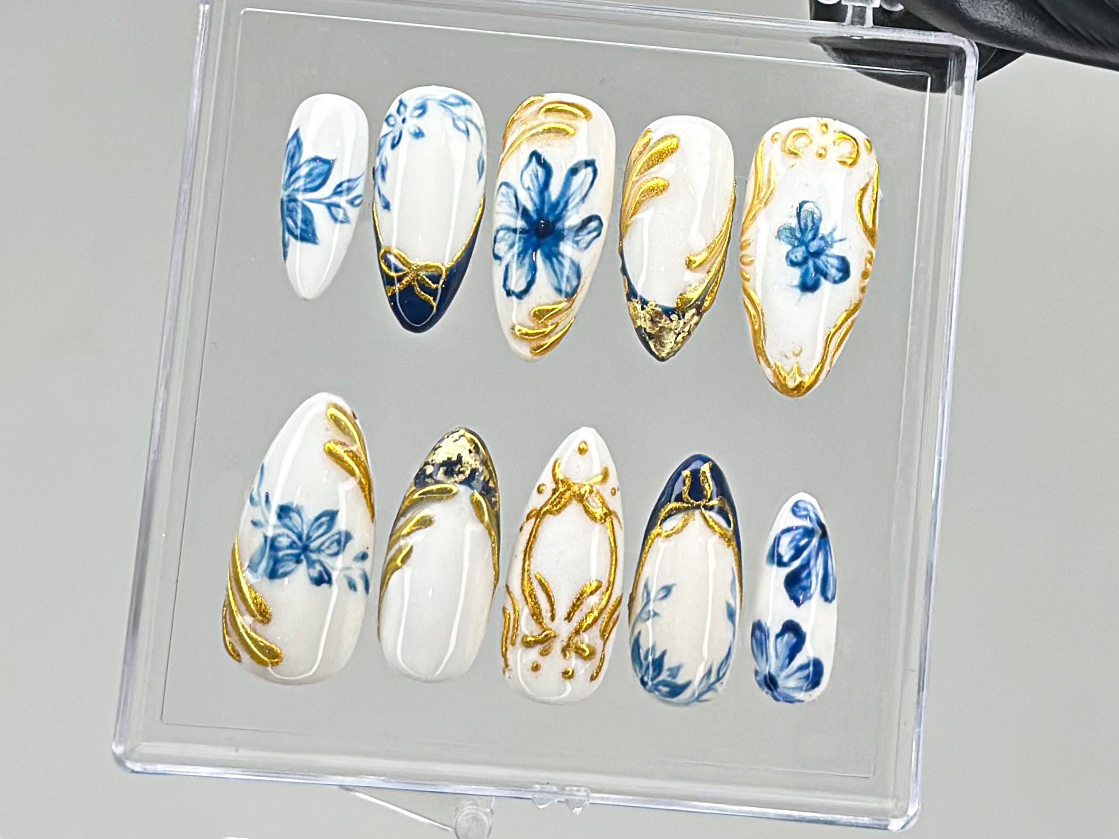 Sophisticated Blue Floral Press On Nails | Chic White & Gold On Fake Nails | Edgy Chrome Nails. Holiday Nails | nails press on | OC560TV
