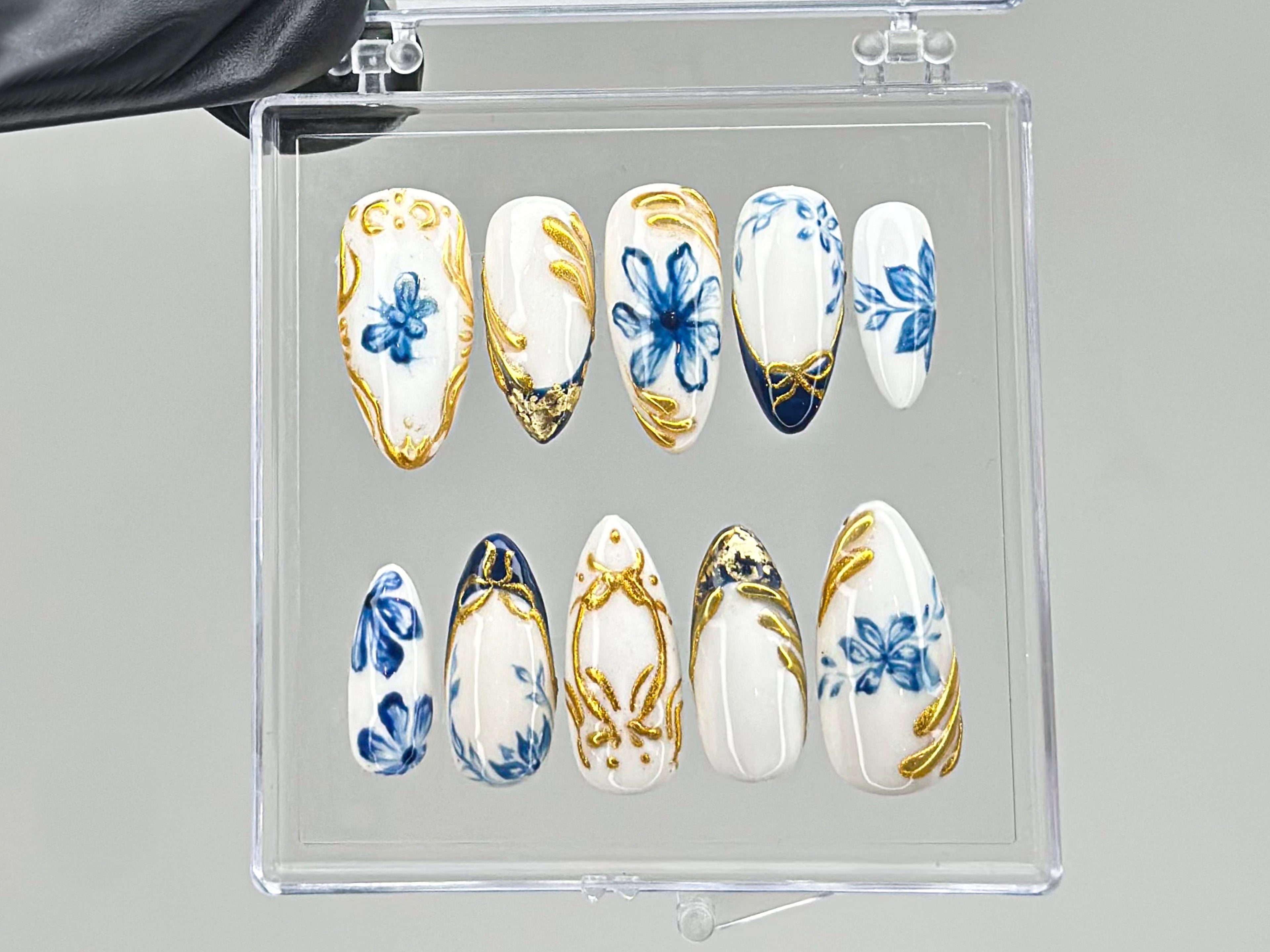 Sophisticated Blue Floral Press On Nails | Chic White & Gold On Fake Nails | Edgy Chrome Nails. Holiday Nails | nails press on | OC560TV