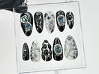 Black and Silver Abstract Press On Nails | Handmade Gel Nail Art |Reusable Trendy Nails | Custom False Nails Set | Press Ons | OB590T