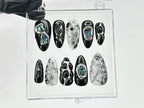 Black and Silver Abstract Press On Nails | Handmade Gel Nail Art |Reusable Trendy Nails | Custom False Nails Set | Press Ons | OB590T