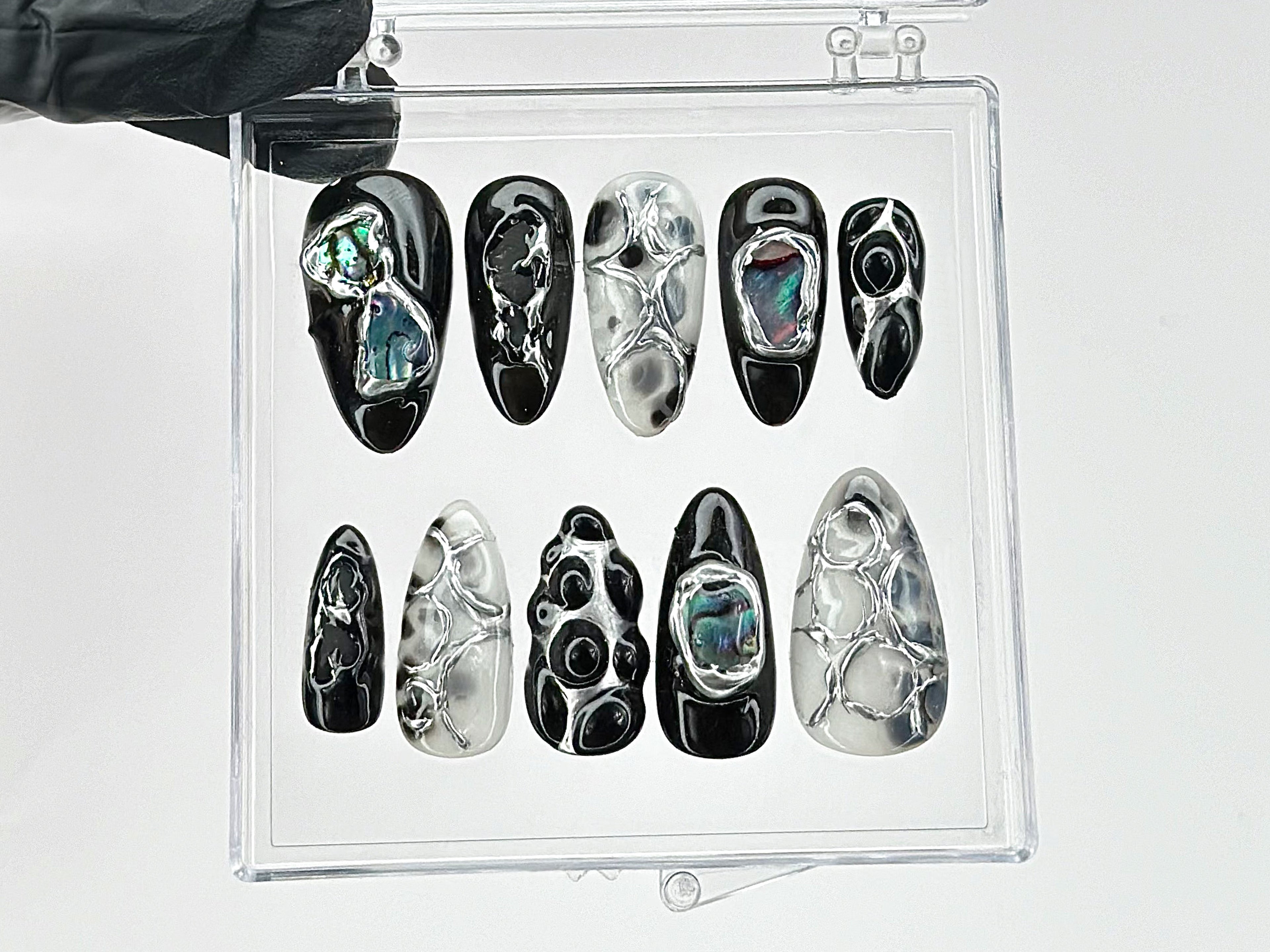 Black and Silver Abstract Press On Nails | Handmade Gel Nail Art |Reusable Trendy Nails | Custom False Nails Set | Press Ons | OB590T
