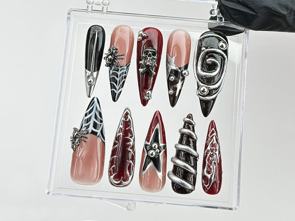 Gothic Halloween Press On Nails | Halloween Nails | Trending Chrome Nail Art | Gothic Nails | 3D Gothic Skull Charm On Fake Nails | OB598T