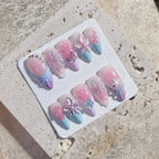 Handmade 3D Butterfly Floral Pastel Aura Ribbon Bow Tie Press on Nails Z88