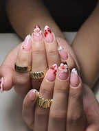 Handmade 3D Cherry Blossom Red Floral French Tip Gold Bead Press on Nails X72