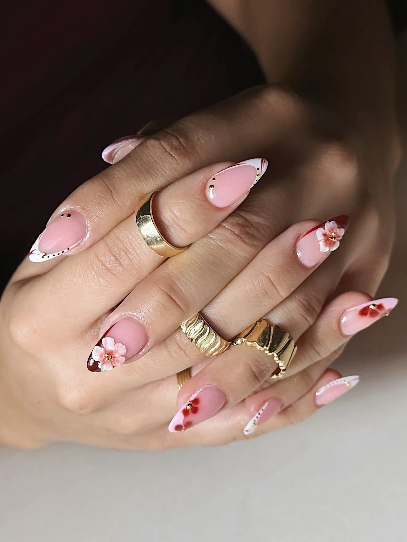 Handmade 3D Cherry Blossom Red Floral French Tip Gold Bead Press on Nails X72