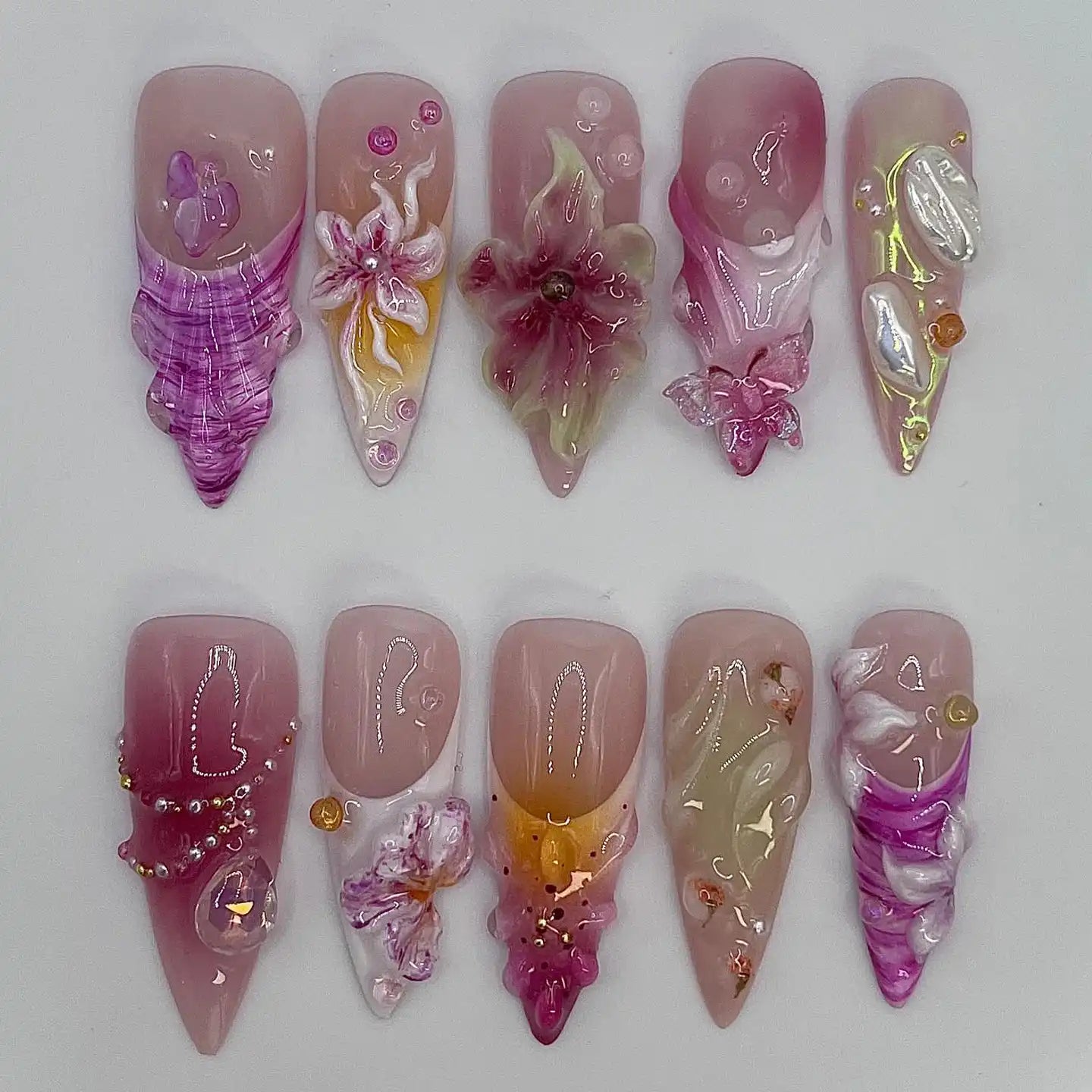 Handmade 3D Floral Iridescent Pink Abstract Art Press on Nails U30