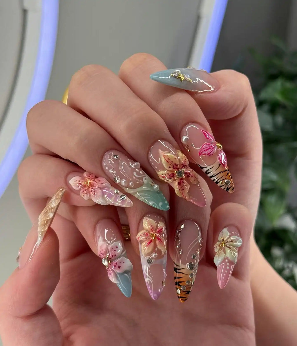 Handmade 3D Floral Ombre Tiger Print Rhinestone Summer Press on Nails M80