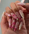 Handmade 3D Floral Textured Pink White French Tip Pearl Press on Nails Y35