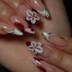 Handmade 3D Flower Red White Black Dot French Tip Press on Nails M69