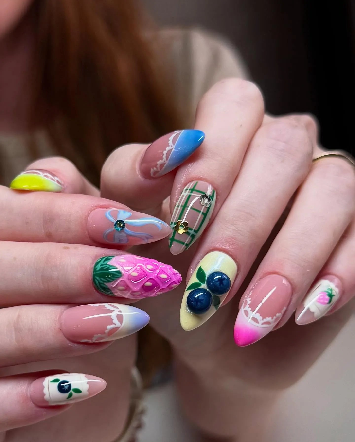 Handmade 3D Fruit Picnic Strawberry Blueberry Lace Almond Press on Nails D76