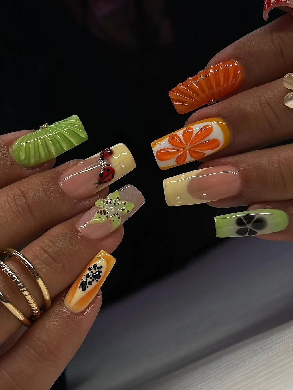 Handmade 3D Fruit Slice Orange Kiwi Summer Ladybug Press on Nails M24