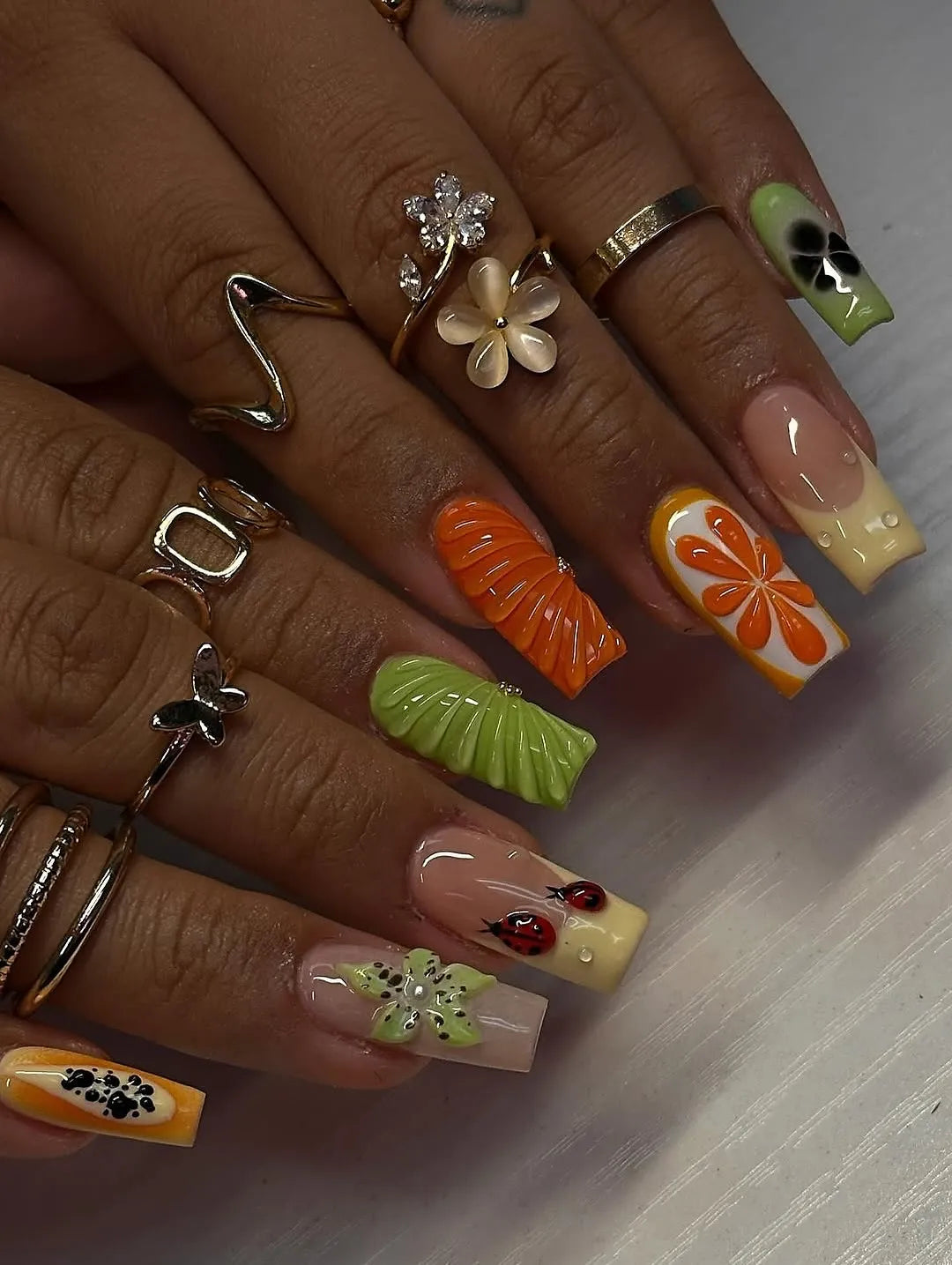 Handmade 3D Fruit Slice Orange Kiwi Summer Ladybug Press on Nails M24