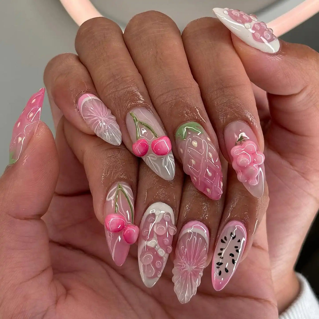 Handmade 3D Fruits Strawberry Cherry in Pink Press on Nails A32