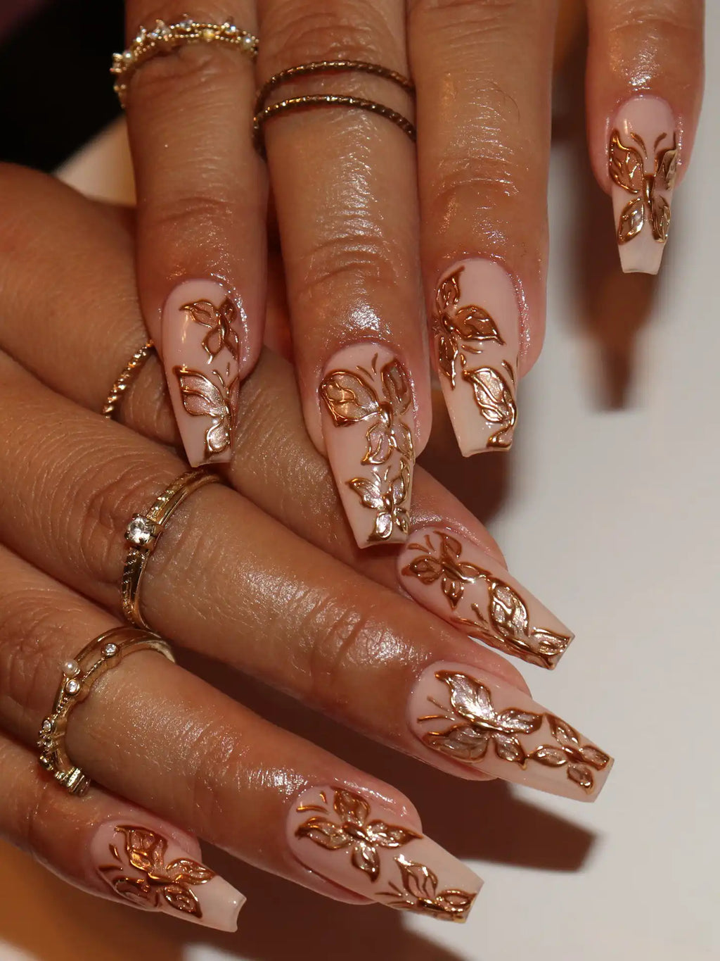 Handmade 3D Gold Chrome Butterfly Floral Nude Luxury Elegance Press on Nails B08